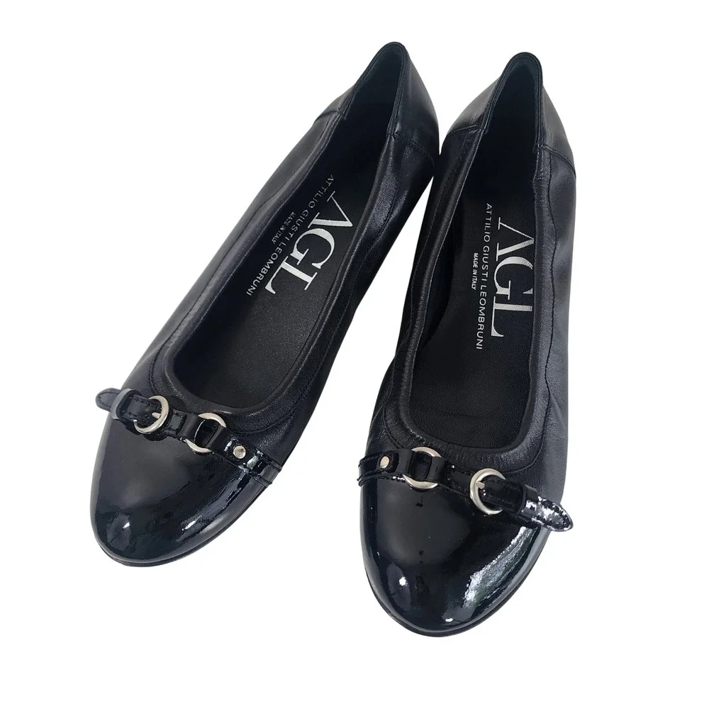 AGL Attilio Giusti Leombruni Ballet Flats Black Leather Patent Cap Toe Buckle 41 - Picture 1 of 12